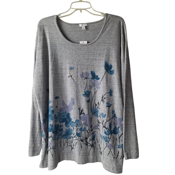 J. Jill XL Gray Grey Cotton Blend Blue Floral Pullover Scoop-Neck Sweater - Picture 1 of 14
